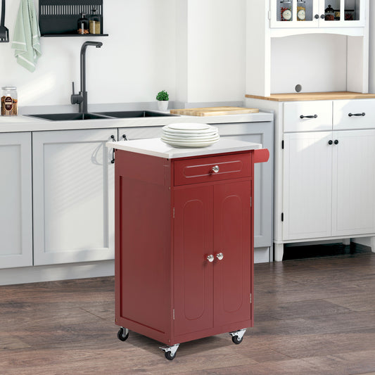 HOMCOM Kitchen Cart, Small Kitchen Island, Stainless Steel Top Utility Trolley on Wheels with Storage Drawer for Dining Room, Kitchen, Red | Aosom Canada