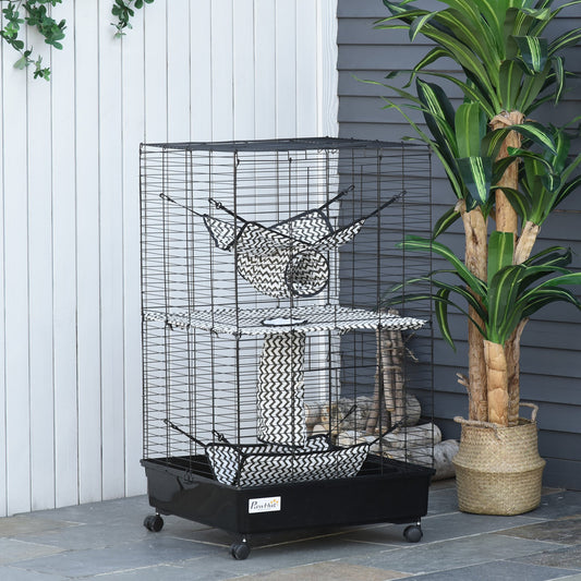 PawHut Small Animal Cage Habitat Pet Play House for Ferret with Wheels Hammocks Tunnels and 3 Doors Black | Aosom Canada