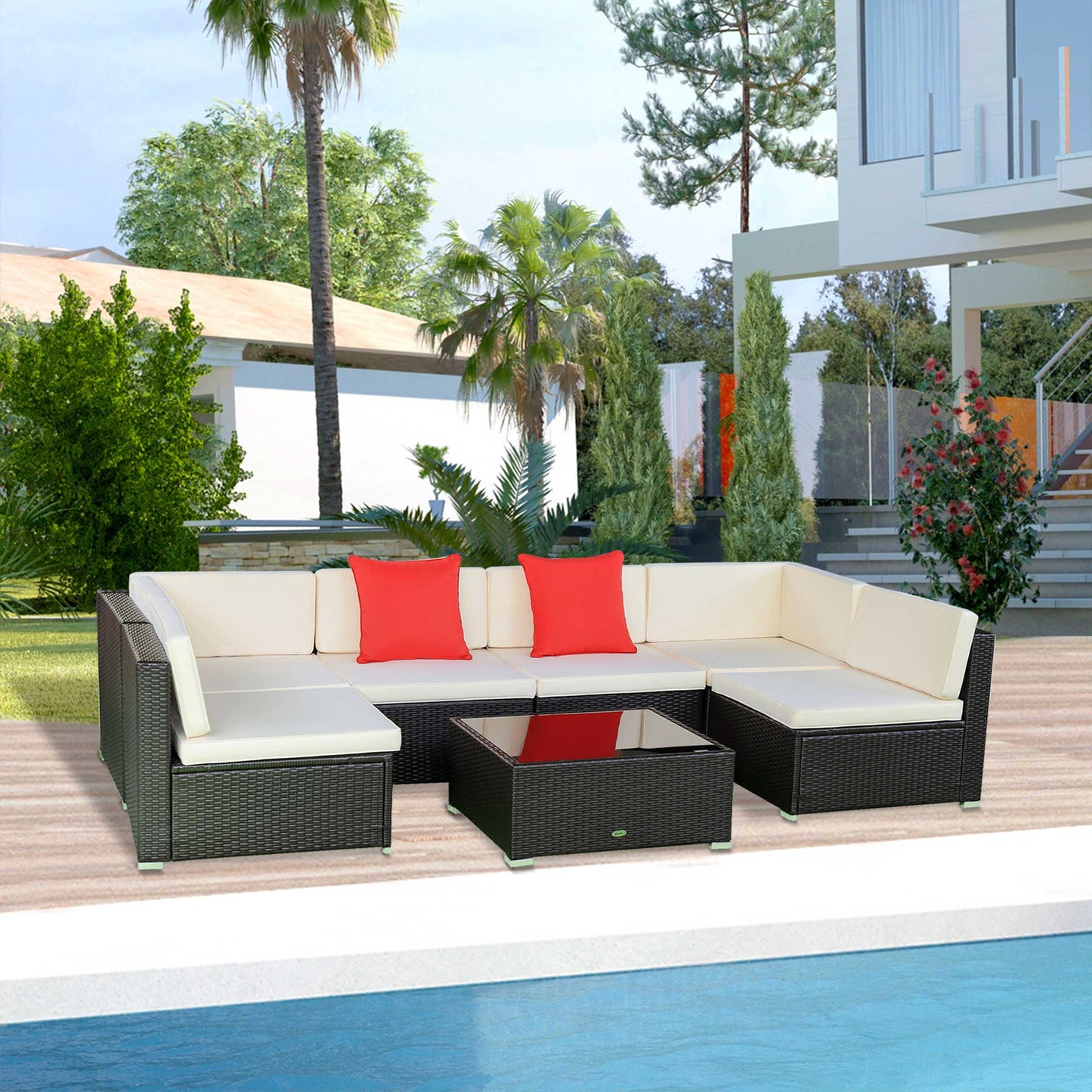 Outsunny 7 Pieces Outdoor Rattan Furniture Set, Patio Wicker Sectional Conversation Sofa Set w/ Tempered Glass Coffee Table, Beige | Aosom Canada