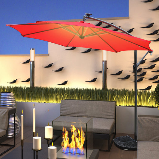 Outsunny 10ft Cantilever Solar Hanging Offset Umbrella LED Lights Crank w/ Cross Base Red | Aosom Canada