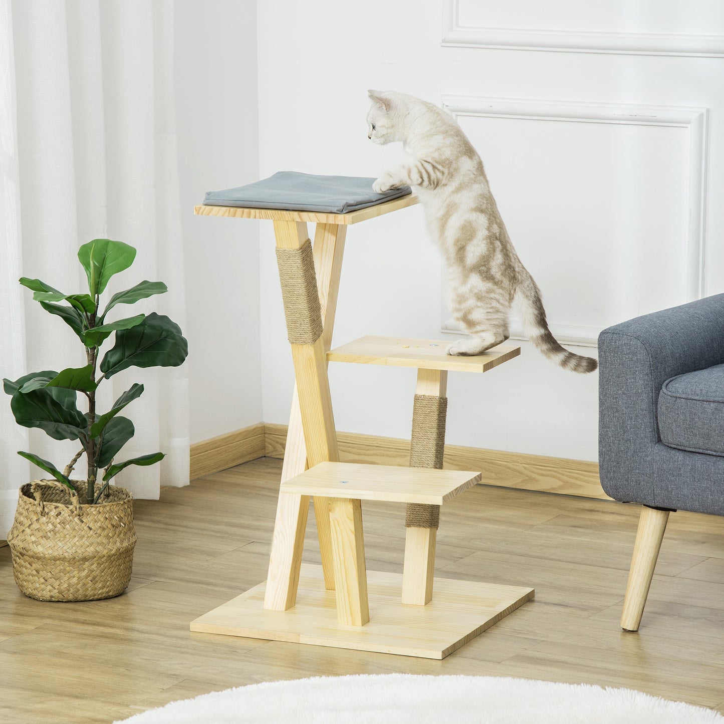 PawHut 31" Cat Tree Kitty Activity Center Pinewood Cat Climbing Toy Pet Furniture with Jute Scratching Post Perch Cushion Natural | Aosom Canada