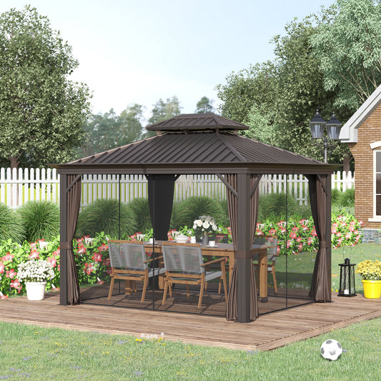 Outsunny 12' x 10' Outdoor Hardtop Gazebo with Galvanized Steel Canopy & Netting Sidewalls for Lawn, Backyard, Brown | Aosom Canada
