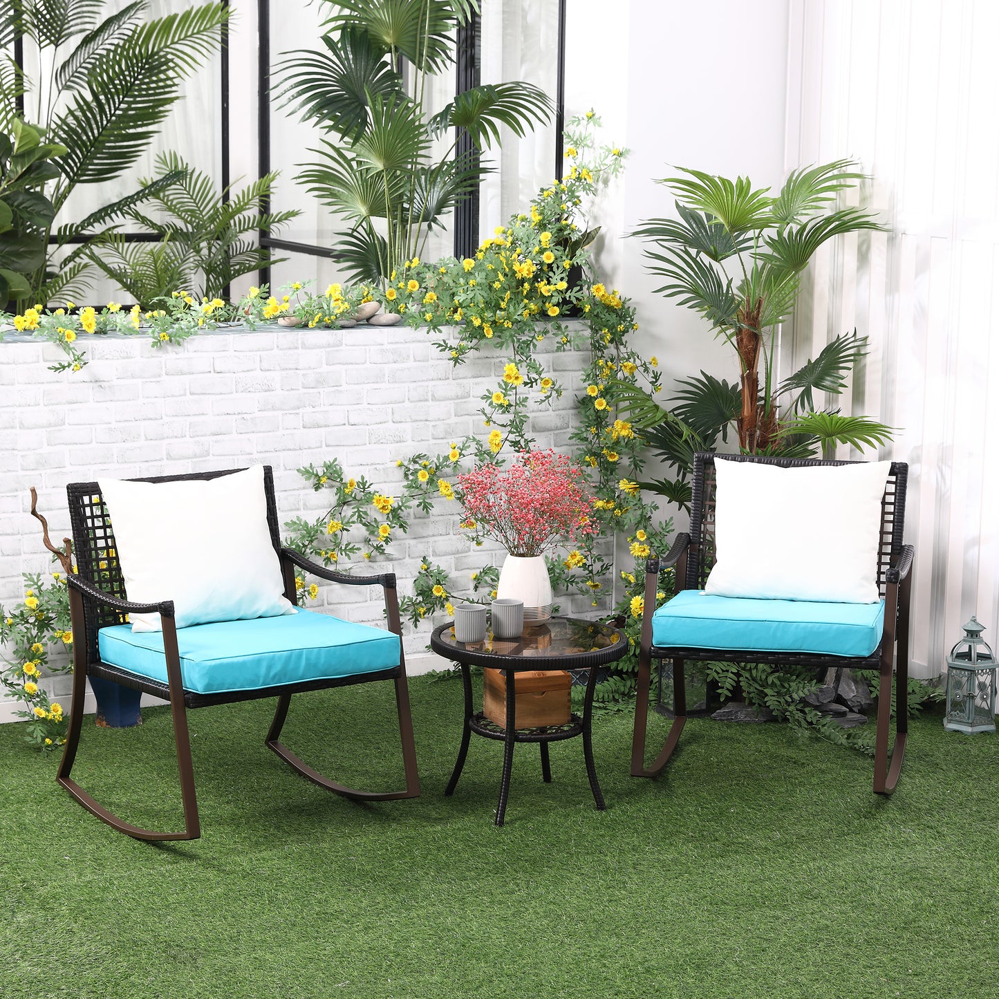 Outsunny 3 Pcs Rattan Wicker Rocking Bistro Set with Soft Cushions, Glass Round Coffee Table | Aosom Canada