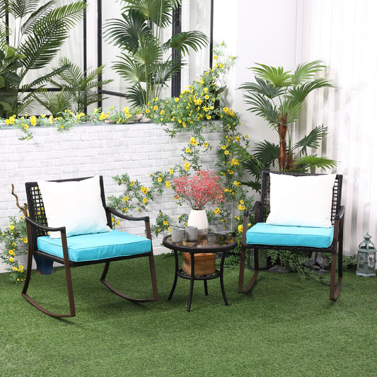 Outsunny 3 Pcs Rattan Wicker Rocking Bistro Set with Soft Cushions, Glass Round Coffee Table | Aosom Canada