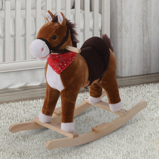 Qaba Kids Plush Ride On Rocking Horse Child Animal Adventure Rocker Chair Playtime Toy w/ Sound Scarf Included Red Brown | Aosom Canada