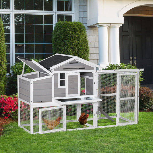PawHut 76" Wooden Chicken Coop, Outdoor Hen House Poultry Cage with Outdoor Run, Nesting Box, Removable Tray and Lockable Doors, Grey | Aosom Canada