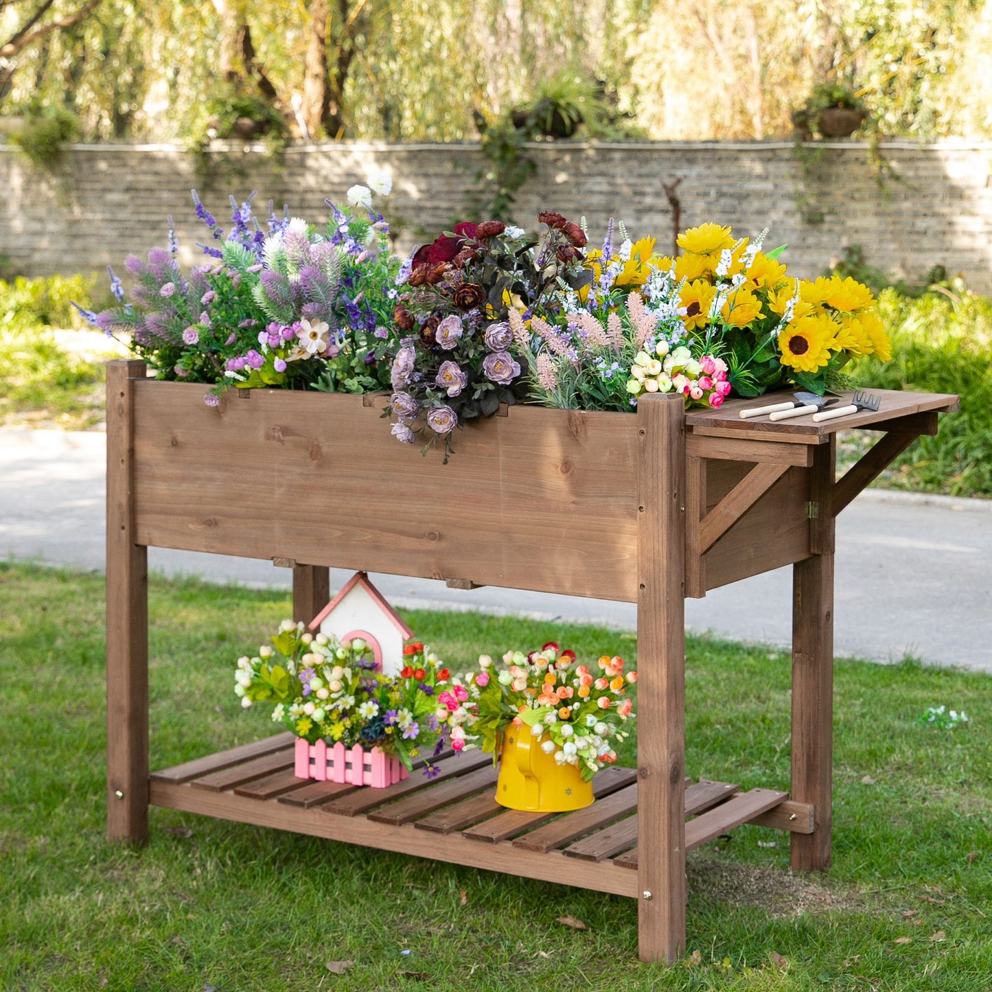 Outsunny 49'' x 21'' x 29'' Wooden Raised Garden Plant Stand Outdoor Wood Tall Flower Bed Box with Clapboard  Brown | Aosom Canada