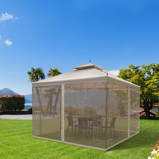 Outsunny 10' x 10' Steel Outdoor Patio Gazebo Canopy with Removable Mesh Curtains, Display Shelves, & Steel Frame, Brown | Aosom Canada