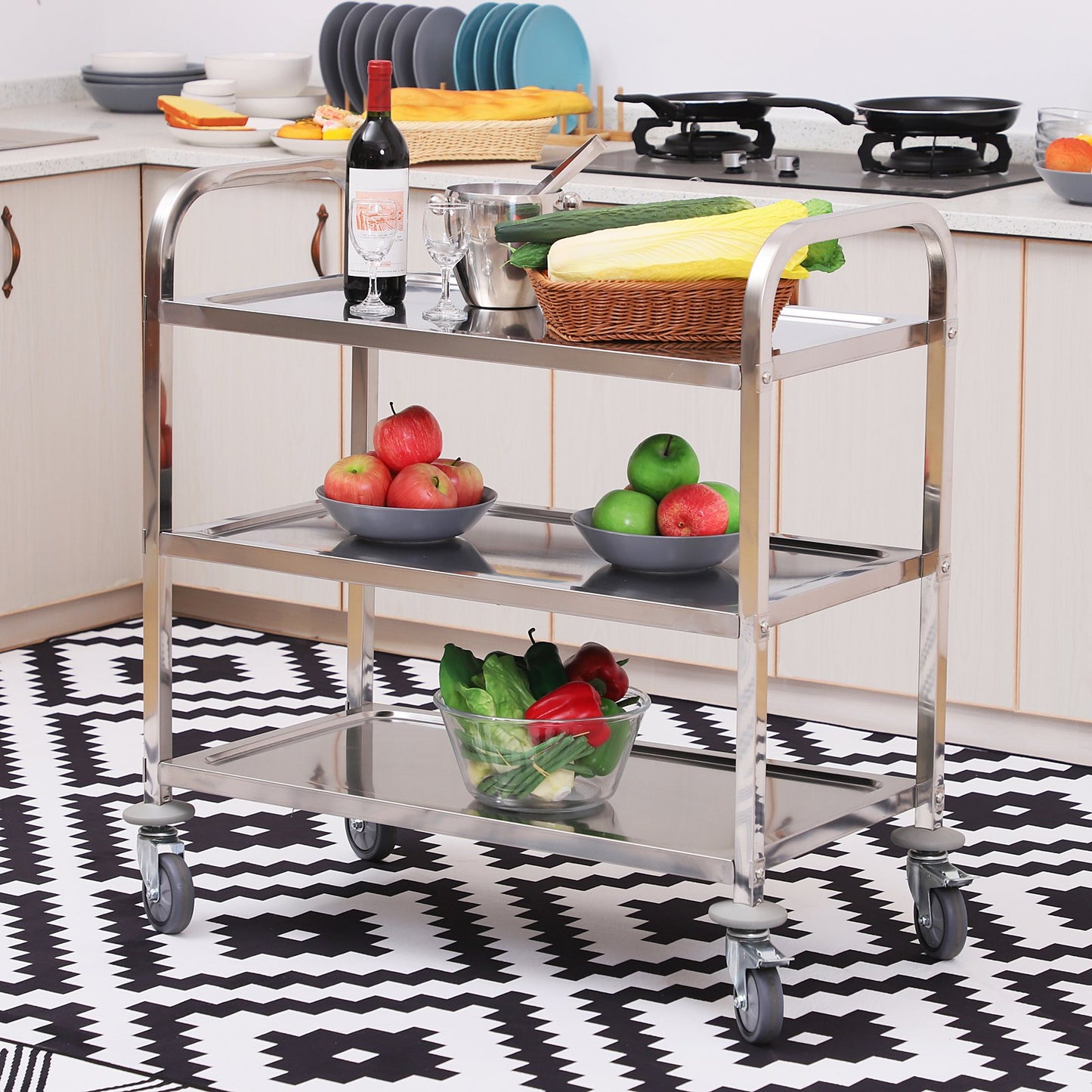 Homcom 33" Kitchen Trolley 3-Tier Medical Treatment Laboratory Equipment Carts Stainless Steel Rolling Island Wheeled Storage Utility | Aosom Canada