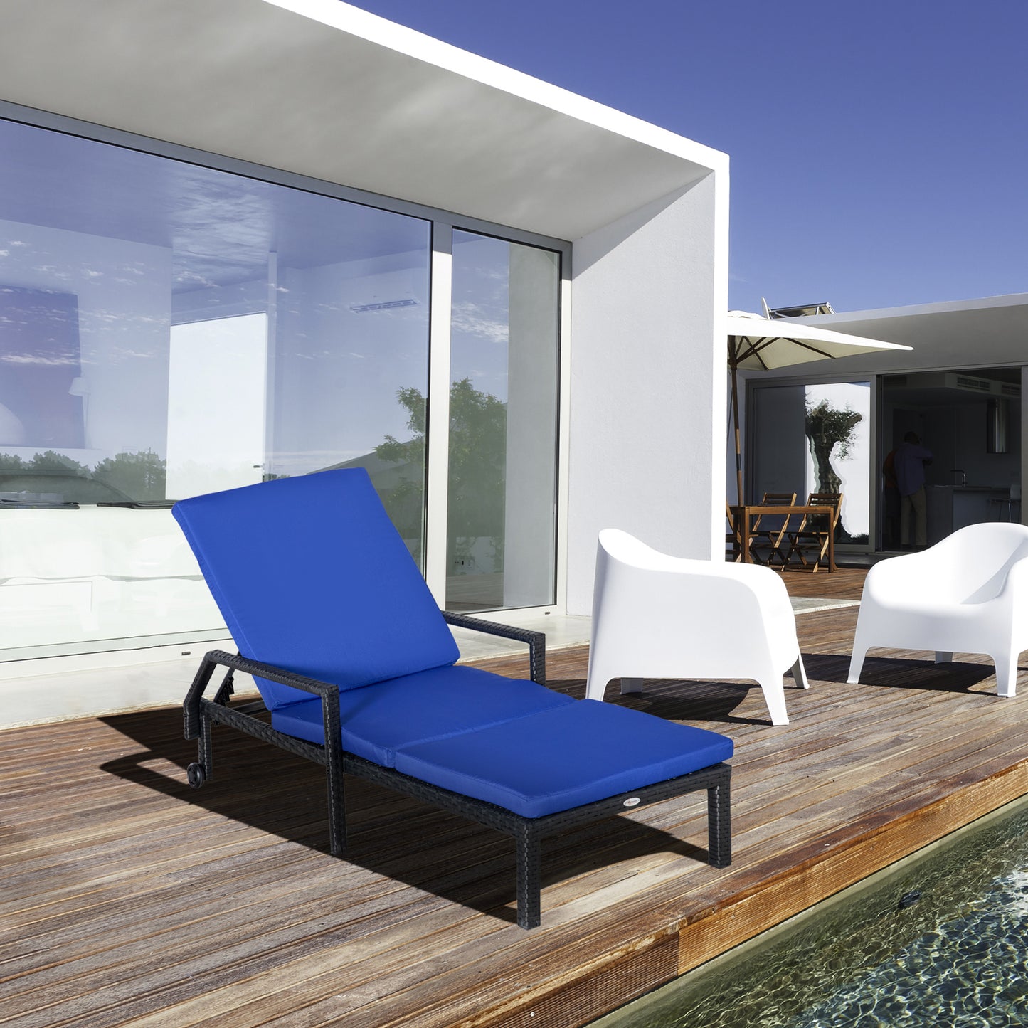 Outsunny Outdoor PE Rattan Wicker Sun Chaise Lounger Recliner Garden Chair  with 5-Level Adjustable Backrest and 2 Wheels, Dark Blue | Aosom Canada