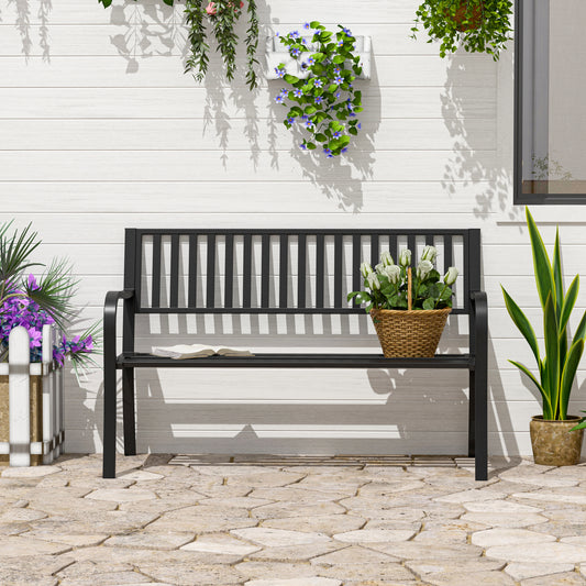 Outsunny 50" Steel Garden Bench Patio Metal Backyard Park Chair Outdoor Seat Furniture Black | Aosom Canada