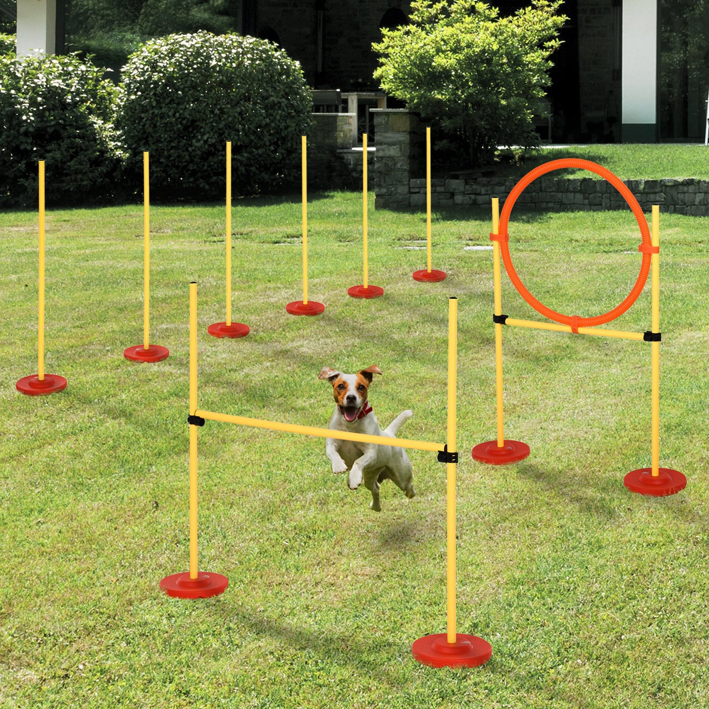 PawHut 3PCs Portable Pet Agility Training Obstacle Set for Dogs w/ Adjustable Weave Pole, Jumping Ring, Adjustable High Jump | Aosom Canada
