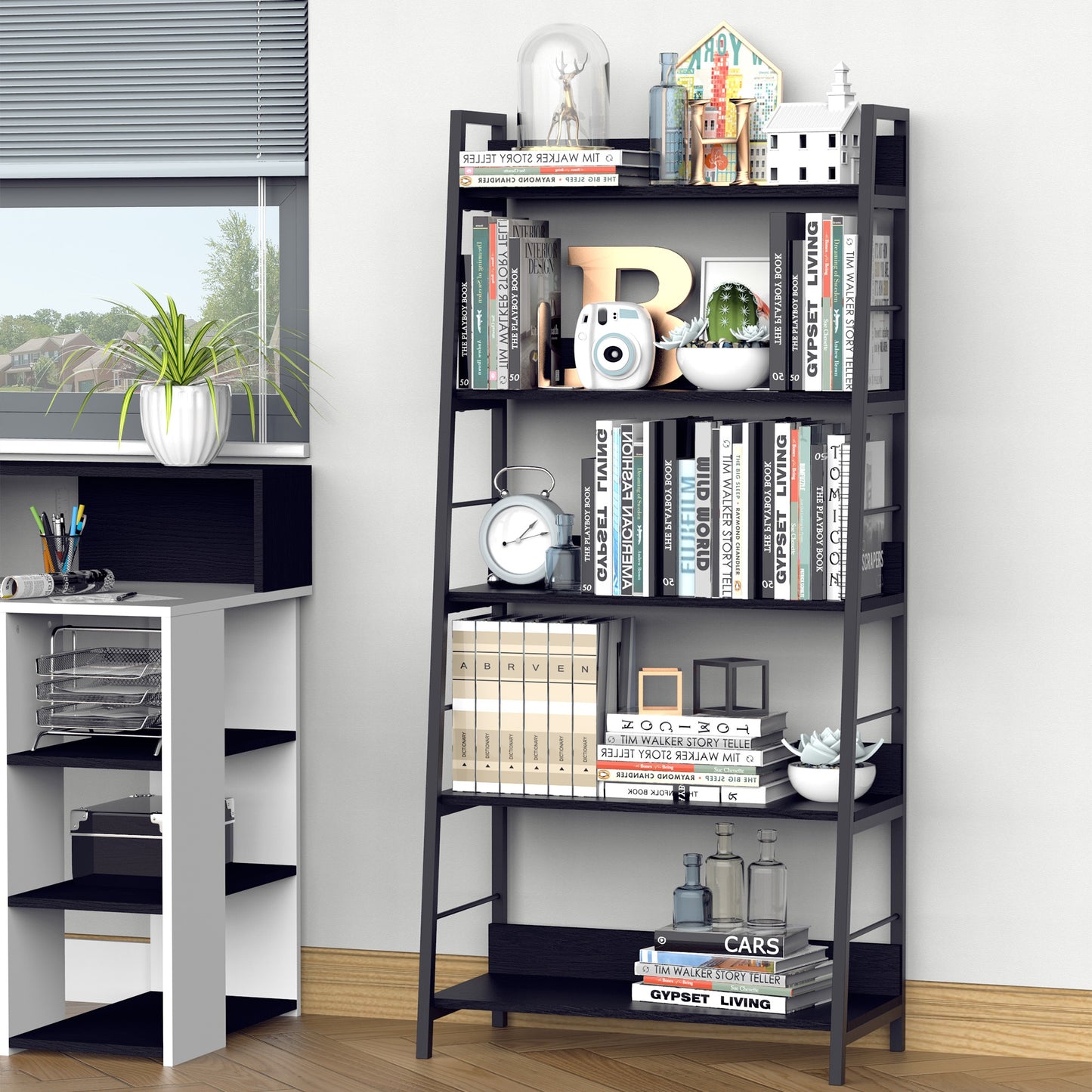 HOMCOM Modern Bookshelf Storage with 5-Tier Wide Shelving, Metal Frame, Wooden Bookcase for Living Room Library Home Furniture, Black | Aosom Canada