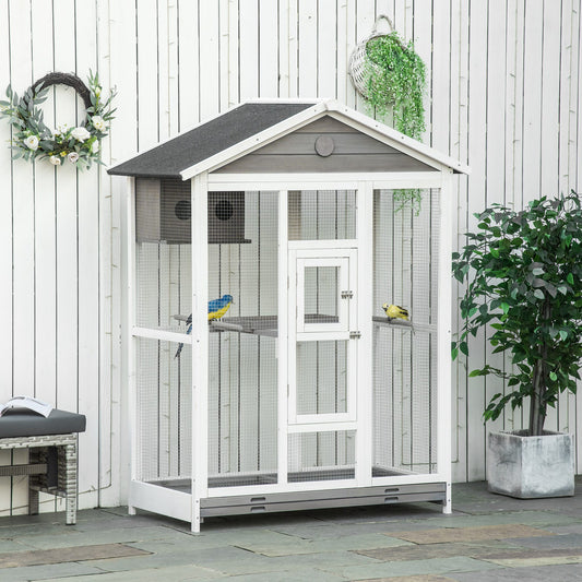 PawHut 64.5" Bird Cage Large Wooden Aviary for Budgie Canary Cockatiel with Standing Pole Nest Slide-out Tray for Indoor Outdoor Grey | Aosom Canada
