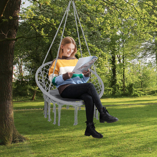 Outsunny Hammock Chair Hanging Rope Swing for Indoor & Outdoor Use with Backrest, Cotton-Polyester Blend, Fringe Tassels, Light Grey | Aosom Canada