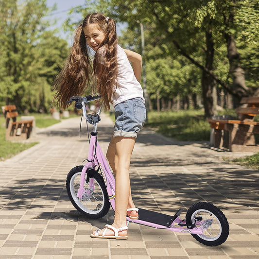 HomCom Adjustable Teen Kick Scooter Child Pro Stunt Scooter Ride On Speeder Kids Street Bike 16" Inflatable Tire Pink | Aosom Canada
