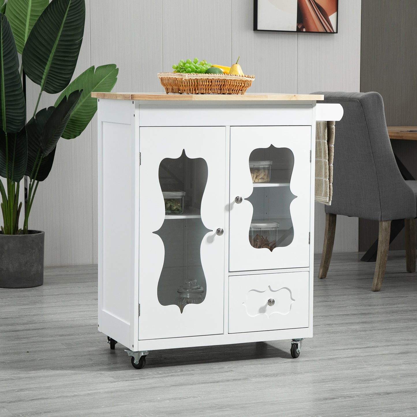 HOMCOM Kitchen Cart, Small Kitchen Island, Rubber Wood Top Utility Trolley on Wheels with 2 Cabinets Storage Drawer Towel Rack, White | Aosom Canada