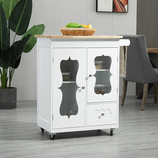HOMCOM Kitchen Cart, Small Kitchen Island, Rubber Wood Top Utility Trolley on Wheels with 2 Cabinets Storage Drawer Towel Rack, White | Aosom Canada