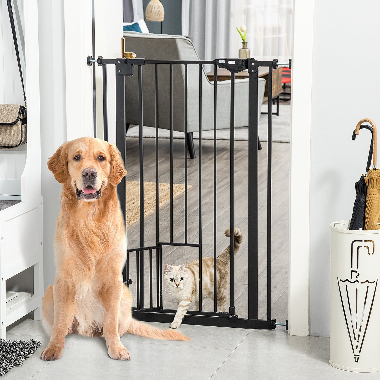 PawHut 29.25"-31.5" Extra Tall Pet Safety Gate Barrier Stair Pressure Fit with Small Door, Auto Close and Double Locking, Black | Aosom Canada