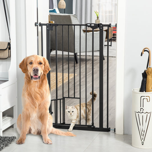 PawHut 29.25"-31.5" Extra Tall Pet Safety Gate Barrier Stair Pressure Fit with Small Door, Auto Close and Double Locking, Black | Aosom Canada