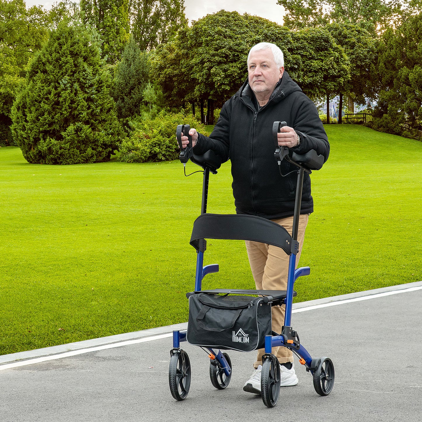 HOMCOM Aluminum Forearm Rollator Walker for Seniors and Adults with 10'' Wheels, Seat and Backrest, Folding Upright Walker, Blue | Aosom Canada
