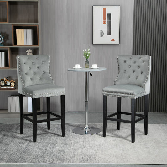 HOMCOM Upholstered Fabric Bar Stool Set of 2, Button Tufted 29.5" Seat Height Pub Chairs with Back & Wood Legs, Grey | Aosom Canada