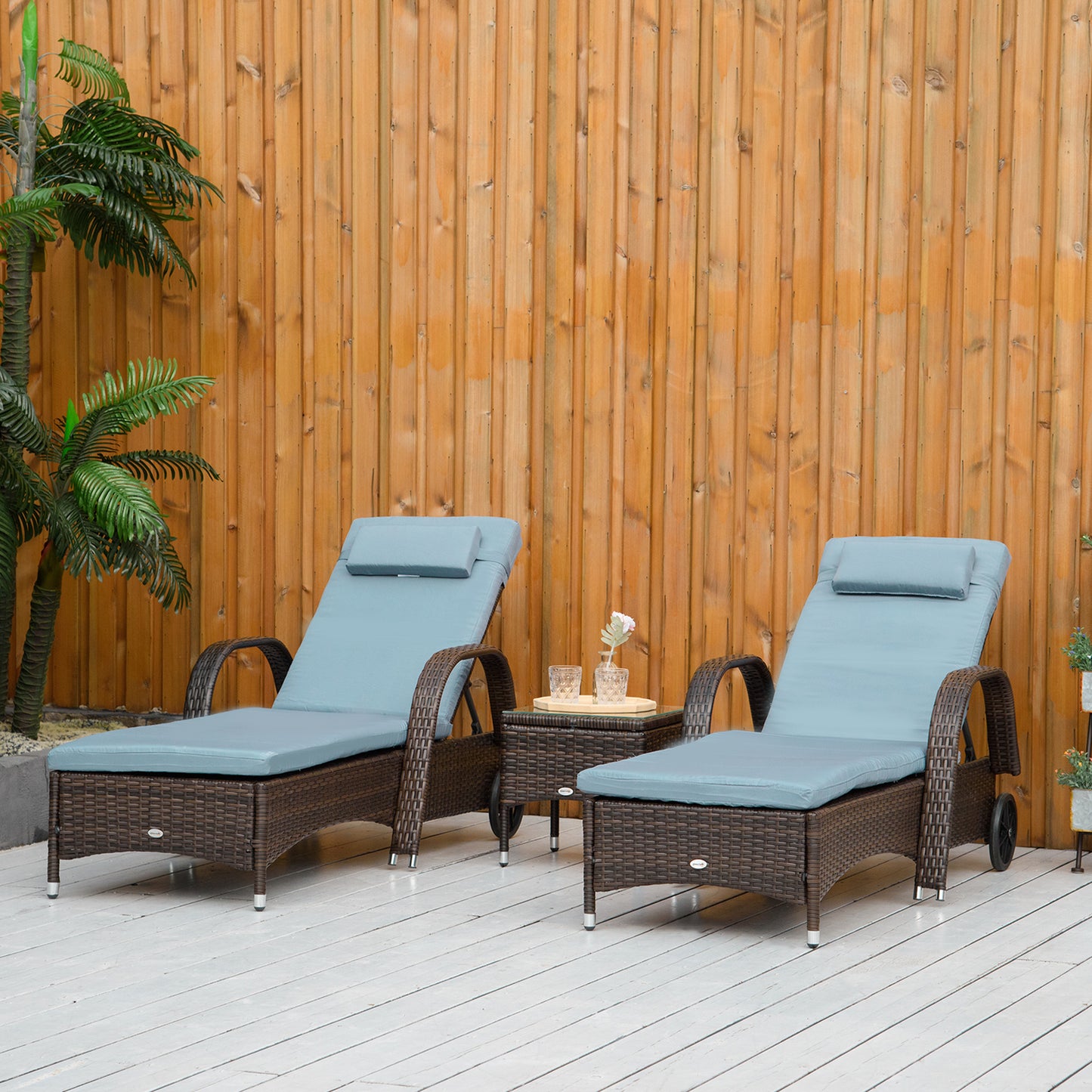 Outsunny 3pcs Wheeled Patio Rattan Chaise Lounge Set Reclining Lounger Adjustable Portable with Side Table Brown Grey | Aosom Canada