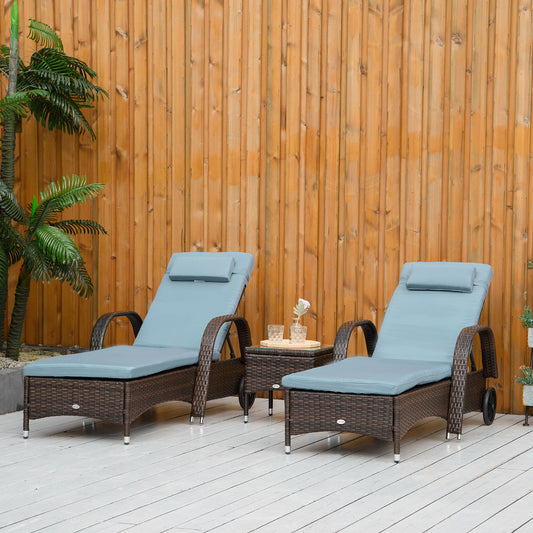 Outsunny 3pcs Wheeled Patio Rattan Chaise Lounge Set Reclining Lounger Adjustable Portable with Side Table Brown Grey | Aosom Canada