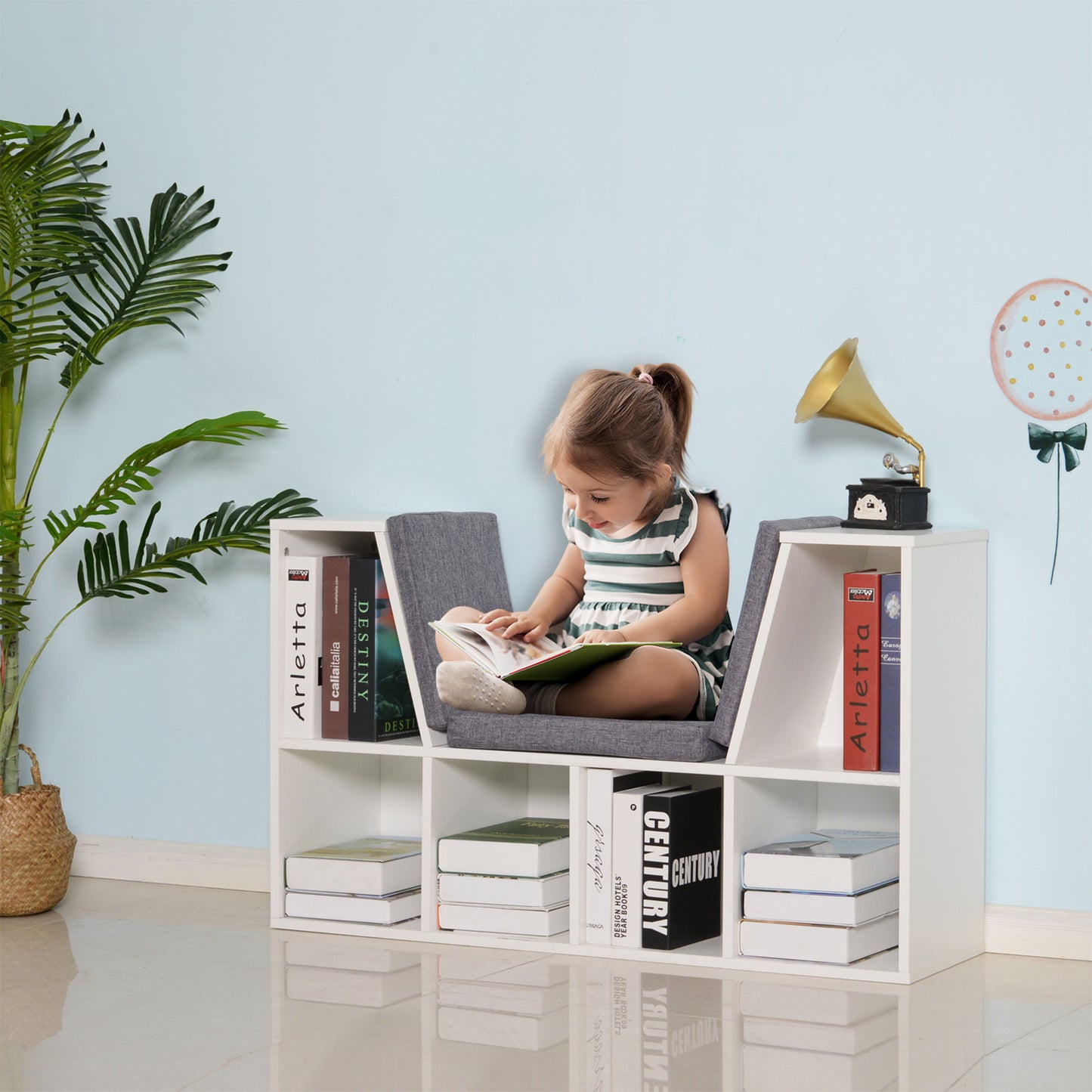 Homcom 6-Cubby Kids Bookcase Kids Reading Nooks Cushioned Seat Reading Nook Multi-Use Storage Organizer Cabinet Shelf White Grey | Aosom Canada
