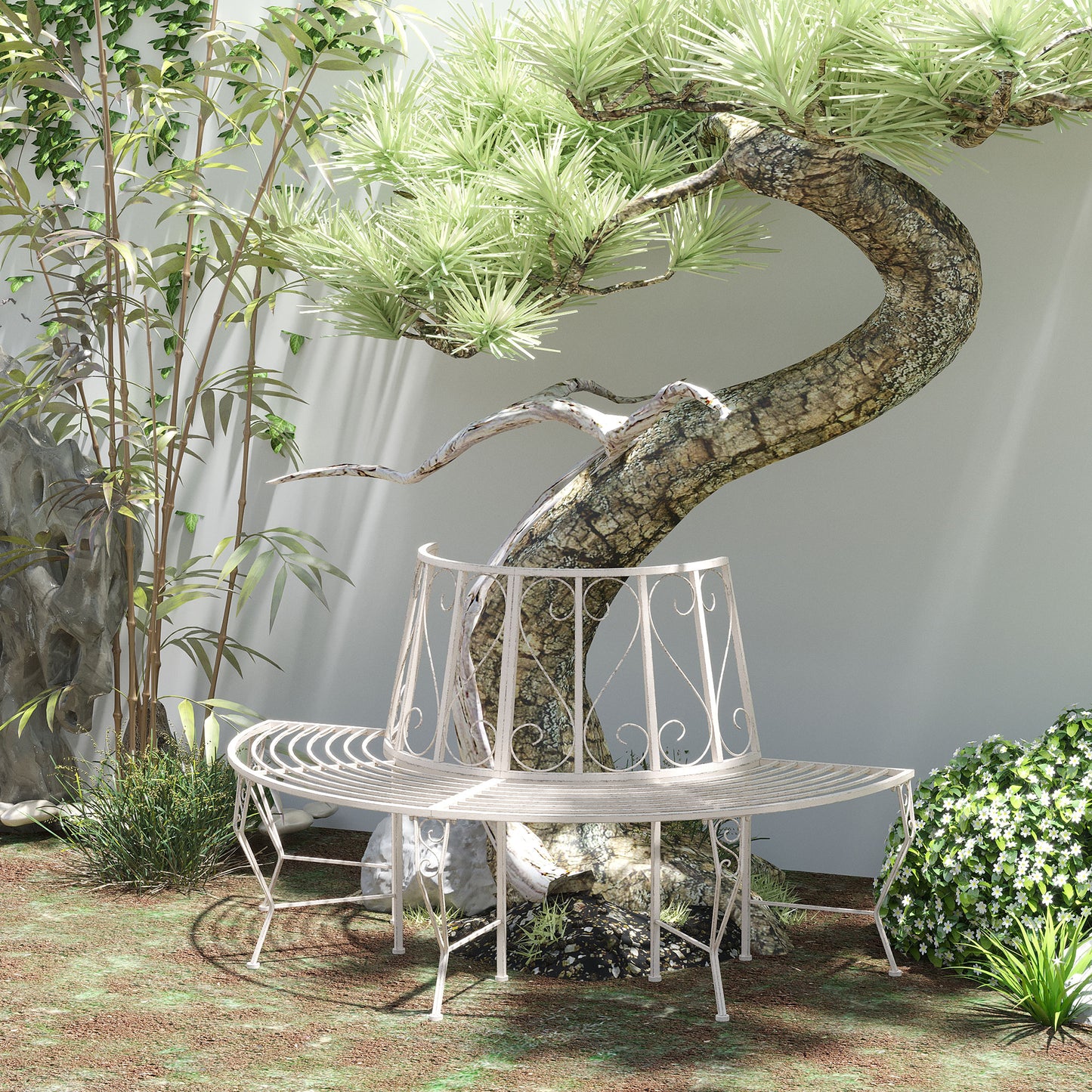 Outsunny Garden Half Round Tree Bench Antique 4-Seat Semi-circular Bench for Backyard, Park, Party, White | Aosom Canada