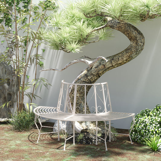 Outsunny Garden Half Round Tree Bench Antique 4-Seat Semi-circular Bench for Backyard, Park, Party, White | Aosom Canada