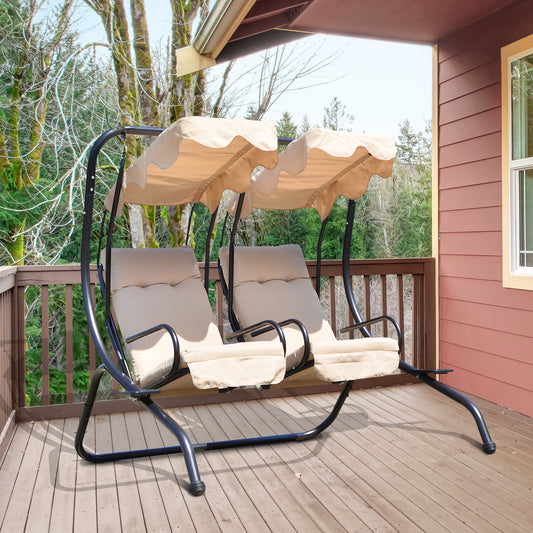Outsunny Luxury Metal Swing Chair 2 Separated Seater Hammock Heavy-Duty with Canopy and Cushions, Beige | Aosom Canada