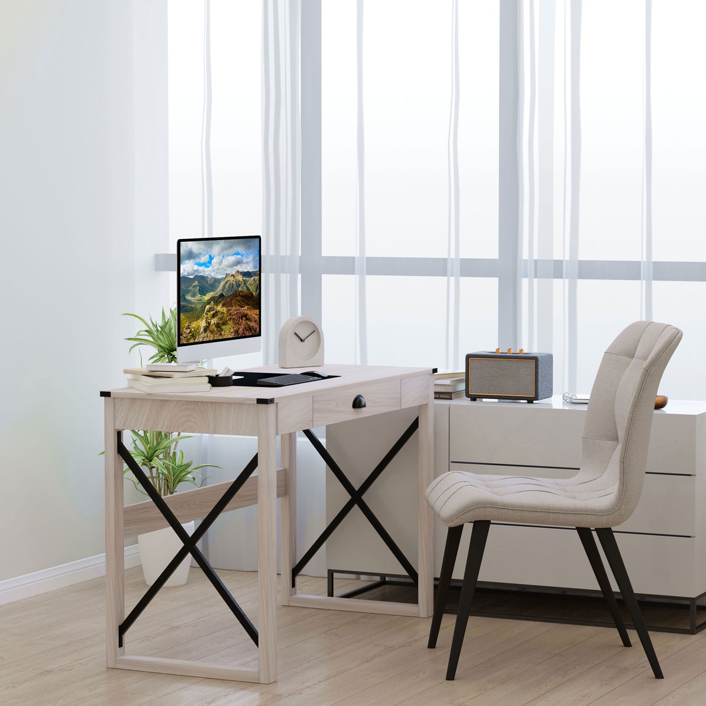 HOMCOM Industrial Computer Writing Desk, Study Desk with Drawer, Steel X-Frame Home Office Workstation, Oak Effect | Aosom Canada