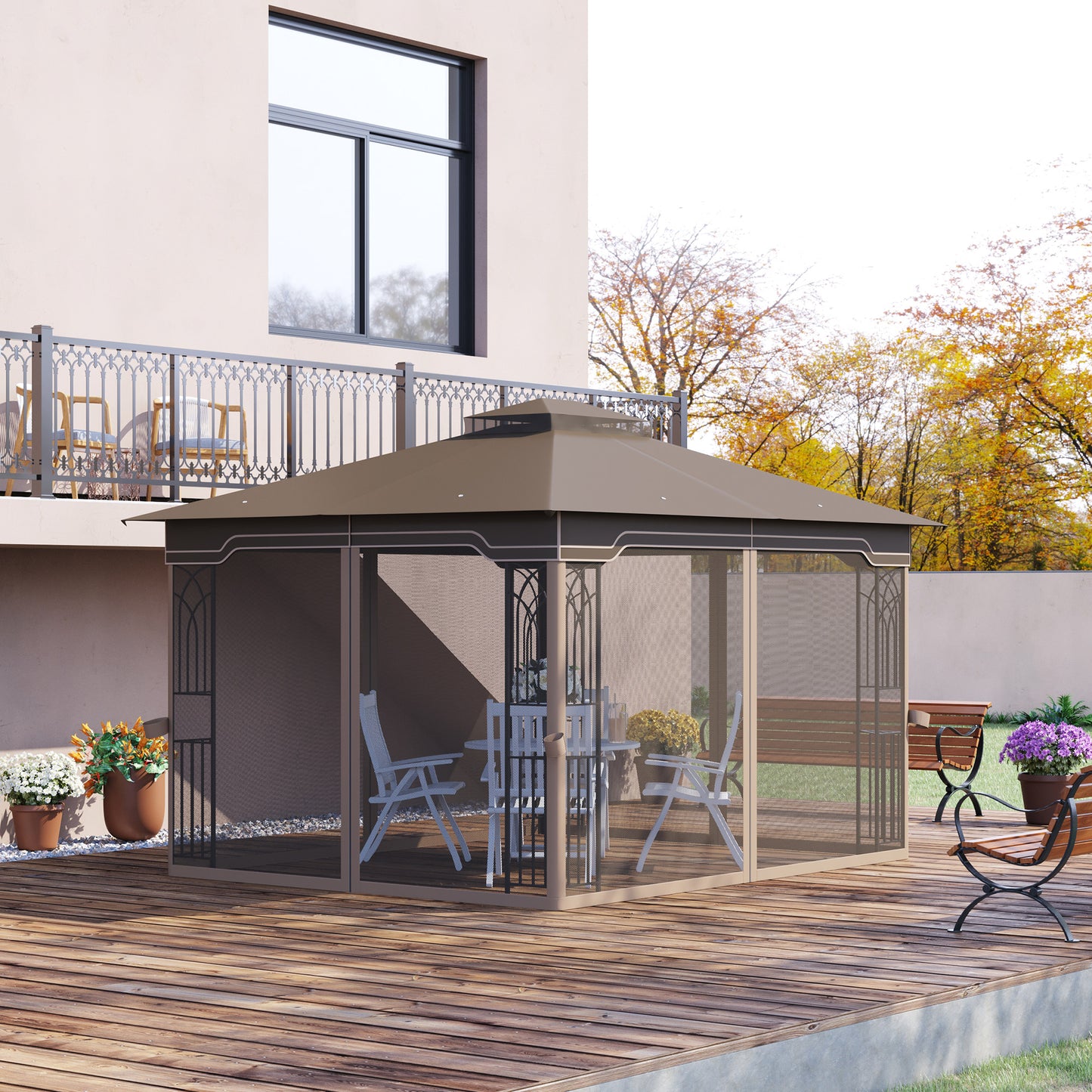 Outsunny 12' x 10' Patio Gazebo Outdoor Canopy Shelter with Double Tier Roof and Netting Sidewalls, Brown | Aosom Canada
