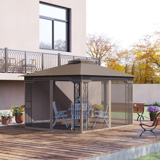 Outsunny 12' x 10' Patio Gazebo Outdoor Canopy Shelter with Double Tier Roof and Netting Sidewalls, Brown | Aosom Canada