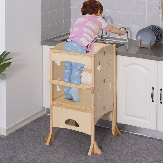 Qaba Step Stool with Support Handles, Safety Rail and Non-Slip, Learning Tower Hardwood Stepping Stool for kids and Toddlers, Natural | Aosom Canada