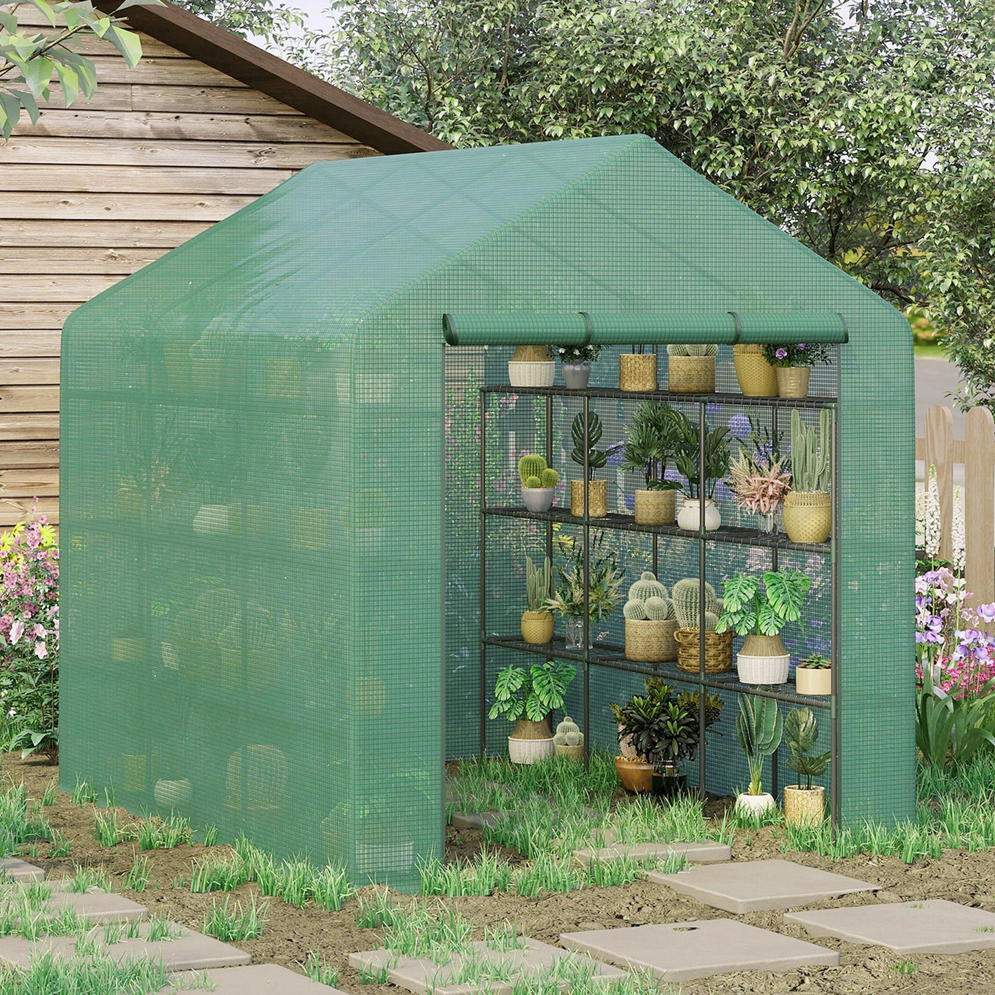 Outsunny 8' x 6' x 7' Portable Water/UV Walk-In Greenhouse Hot House with 18 Shelves, Weather Cover, & Roll Up Door | Aosom Canada