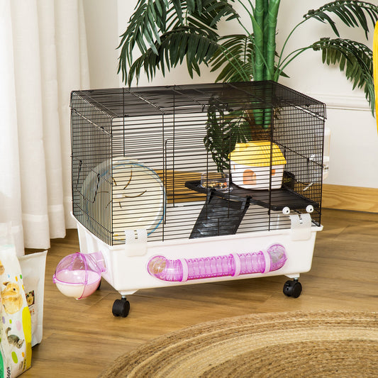 PawHut Hamster Cage, Multi-storey Rodent House, Large Hide-out, w/ Water Bottle, Tubes, Excise Wheel, Food Dish, Ramp, White | Aosom Canada