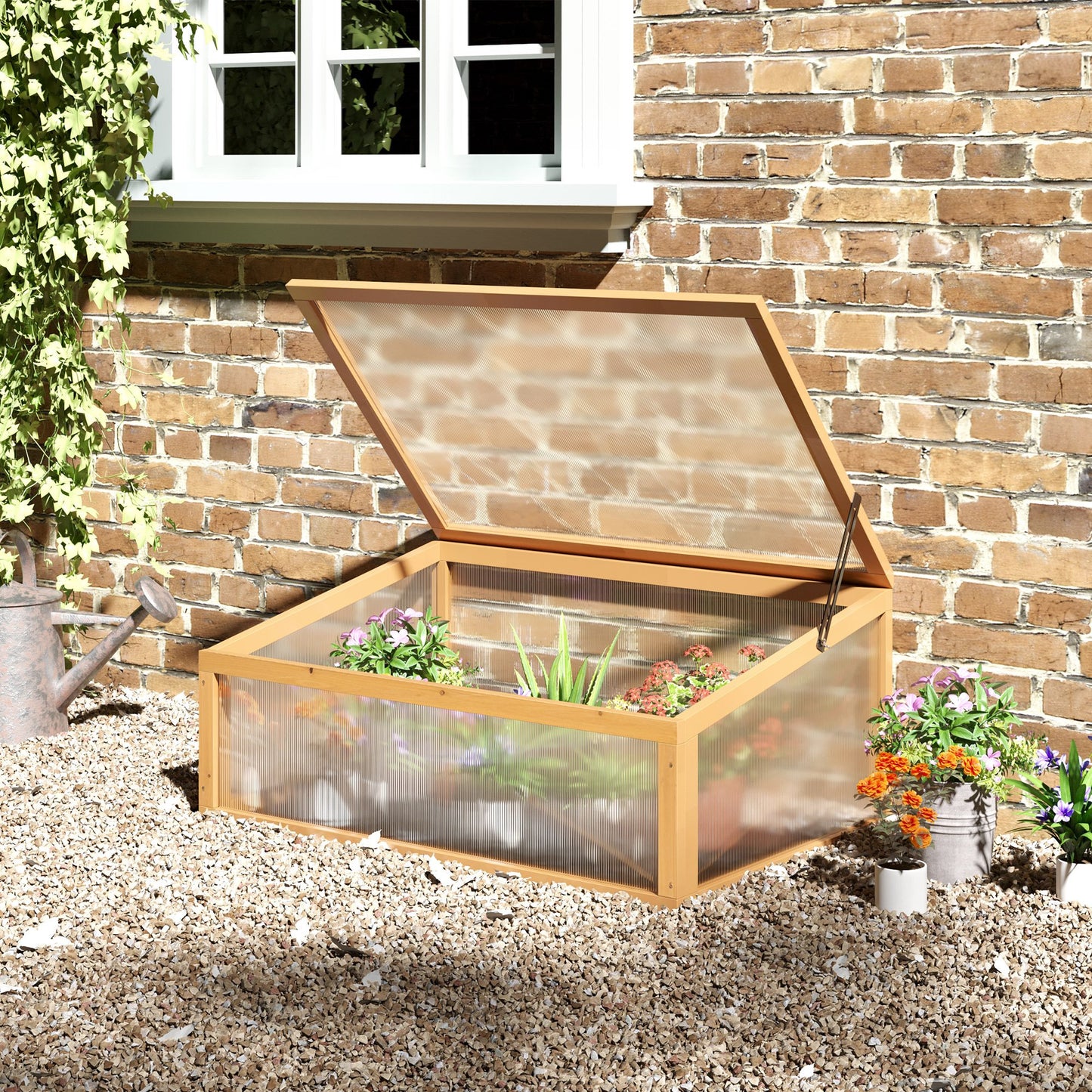 Outsunny Wooden Cold Frame Greenhouse Garden Portable Raised Planter with Openable Top, 35.5"x23.5"x15.75", Light Brown | Aosom Canada