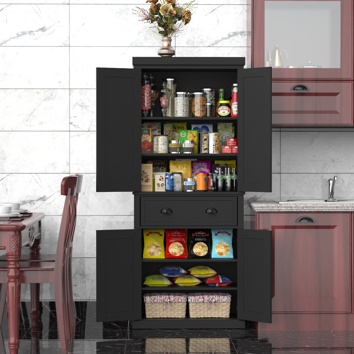 HOMCOM Long Standing Kitchen Cabinet Traditional Spacious Storage Closet w/ 2 Drawers MDF Board Black | Aosom Canada