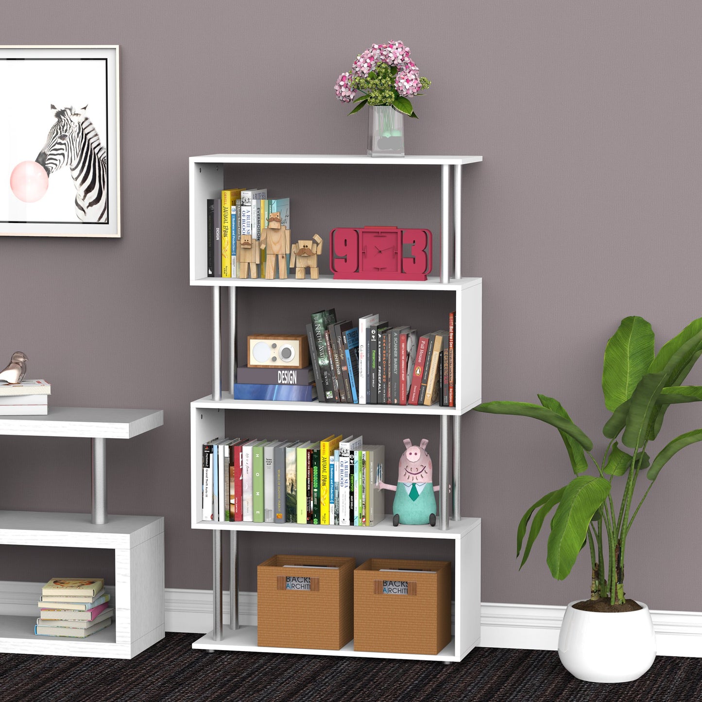 Homcom 4-Tires Room Divider Shelves Wooden Black Bookshelf S-Shape Storage Display Unit Home Organizer | Aosom Canada