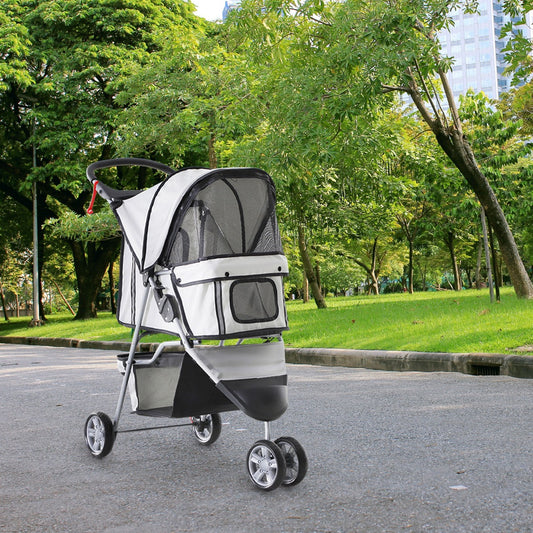 PawHut 3 Wheels Pet Stroller Foldable Carrier Jogging Stroller with Brake, Canopy, Cup Holders and Bottom Storage Space (Grey) | Aosom Canada