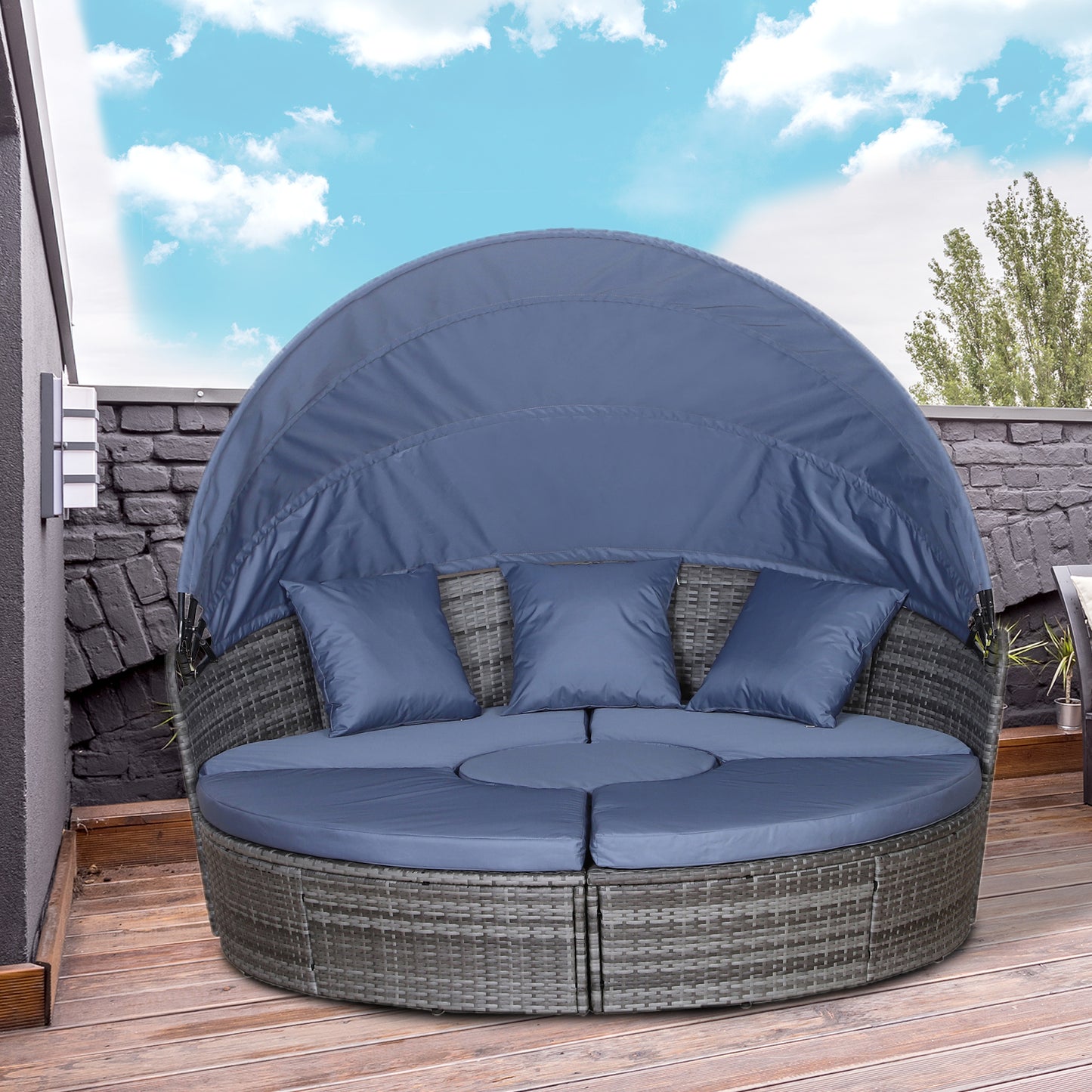 Outsunny 4-piece Cushioned Outdoor Rattan Wicker Round Sunbed or Conversational Sofa Set with Sun Canopy, Grey | Aosom Canada
