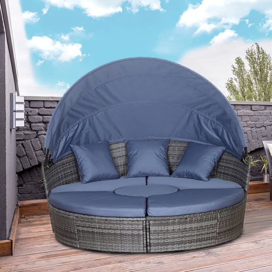 Outsunny 4-piece Cushioned Outdoor Rattan Wicker Round Sunbed or Conversational Sofa Set with Sun Canopy, Grey | Aosom Canada