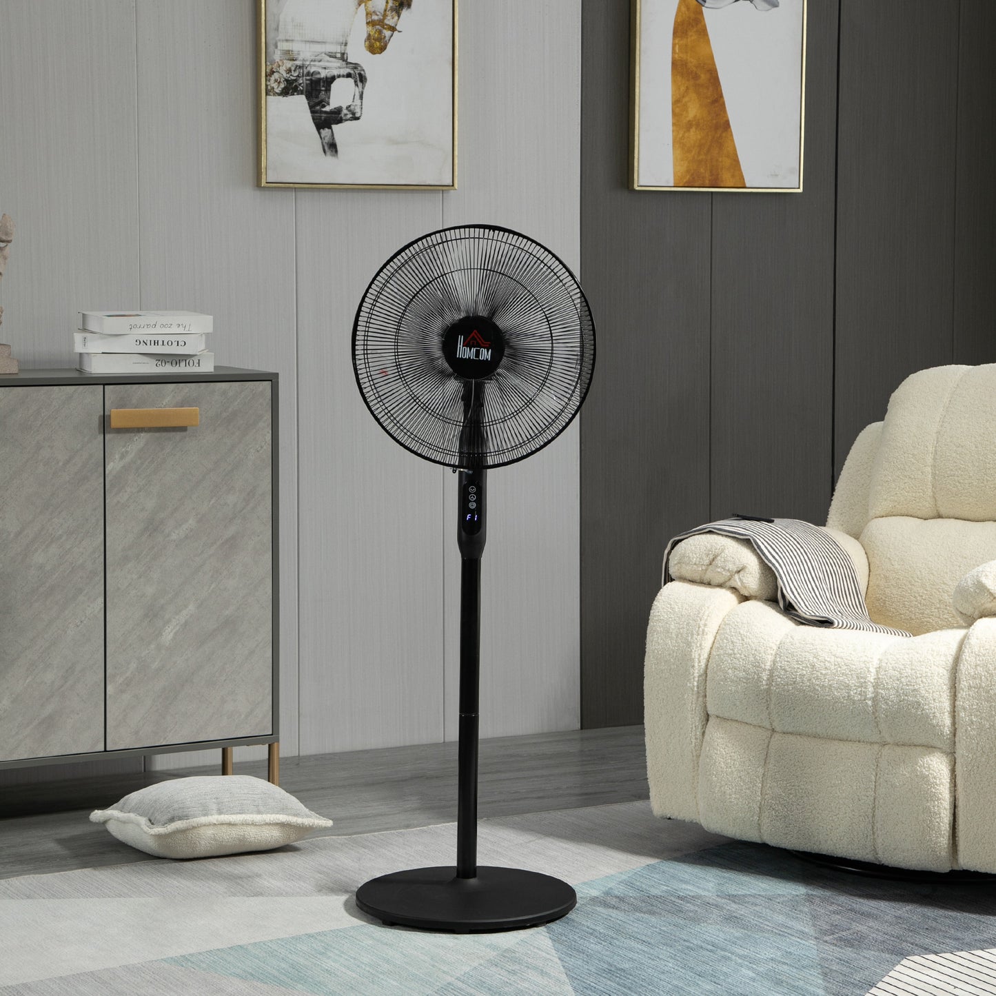 HOMCOM Floor Standing Fan with Remote Control, Oscillating, LED Screen, Stand Up Cooling Fan, Tall Pedestal Electric Fan, Black | Aosom Canada
