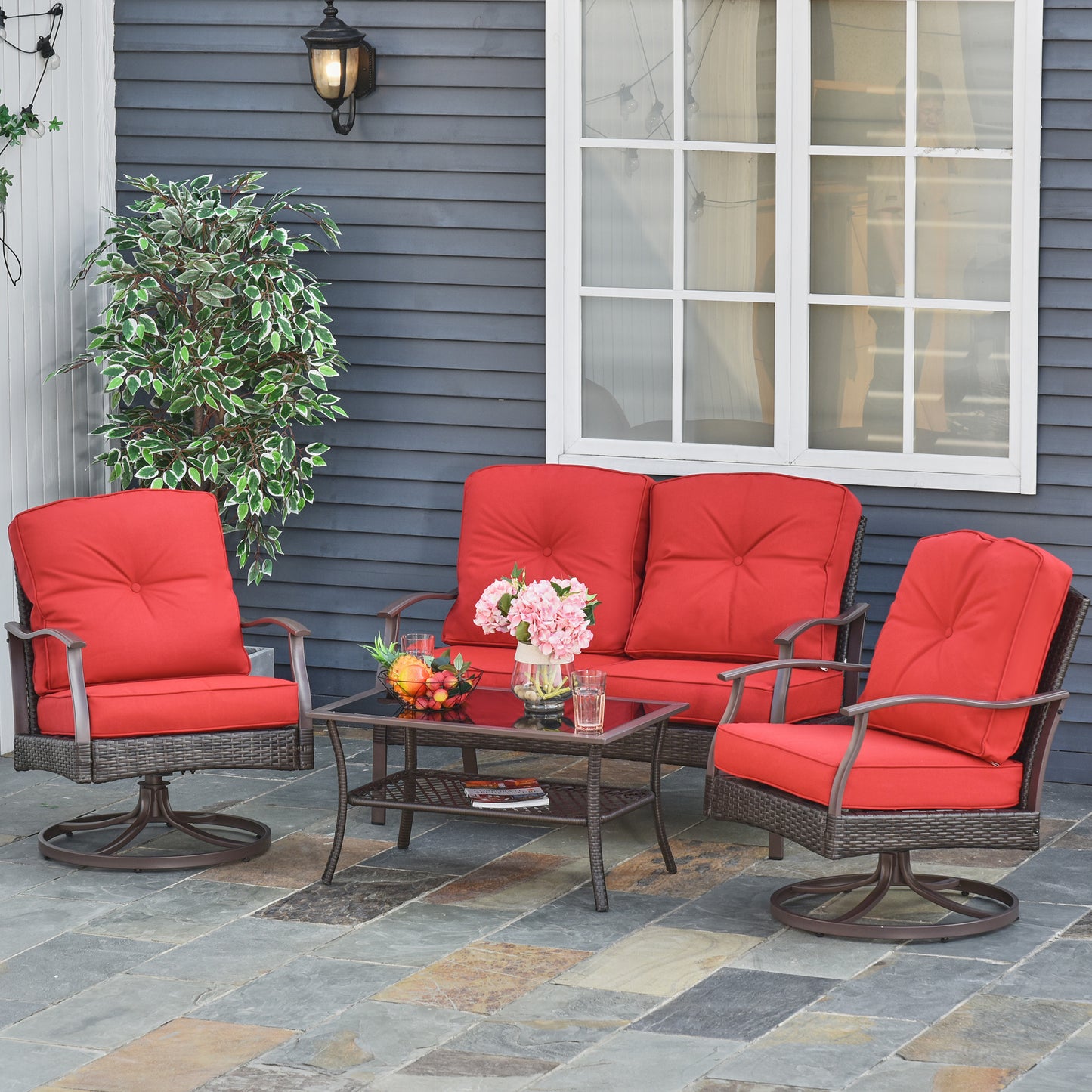 Outsunny 4 PCS Patio PE Rattan Wicker Sofa Sets Outdoor All Weather Conversation Furniture w/ Two Tier Tea Table, Red | Aosom Canada