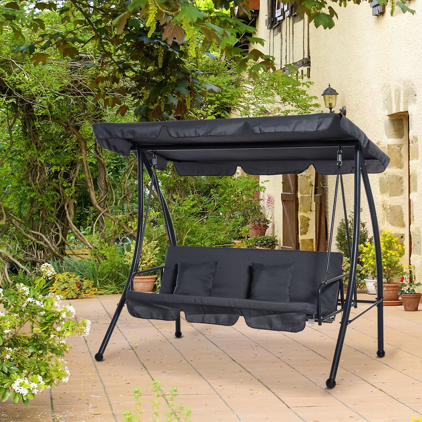 Outsunny Convertible Patio Swing Chair Garden 3 Person Hammock Outdoor Lounge Bed Cushioned with Tilt Canopy Beige | Aosom Canada