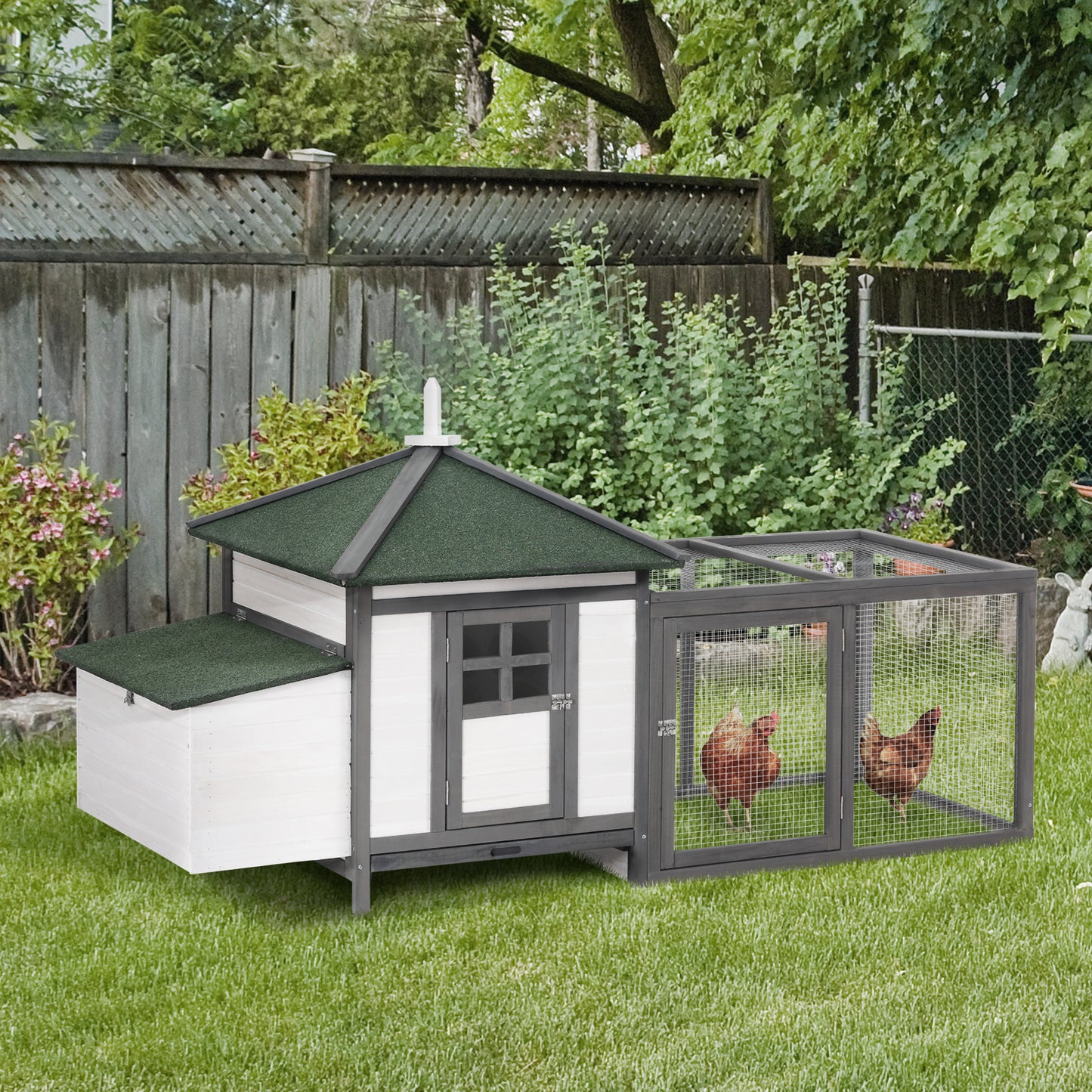 PawHut 77" Chicken Coop Hen House Rabbit Hutch Poultry Cage Pen Outdoor Backyard with Nesting Box Run White and Dark gray | Aosom Canada