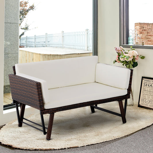 Outsunny Convertible Rattan Sofa Bed Chaise Lounge Wicker Loveseat Armchair Double Seat with Cushion Brown | Aosom Canada