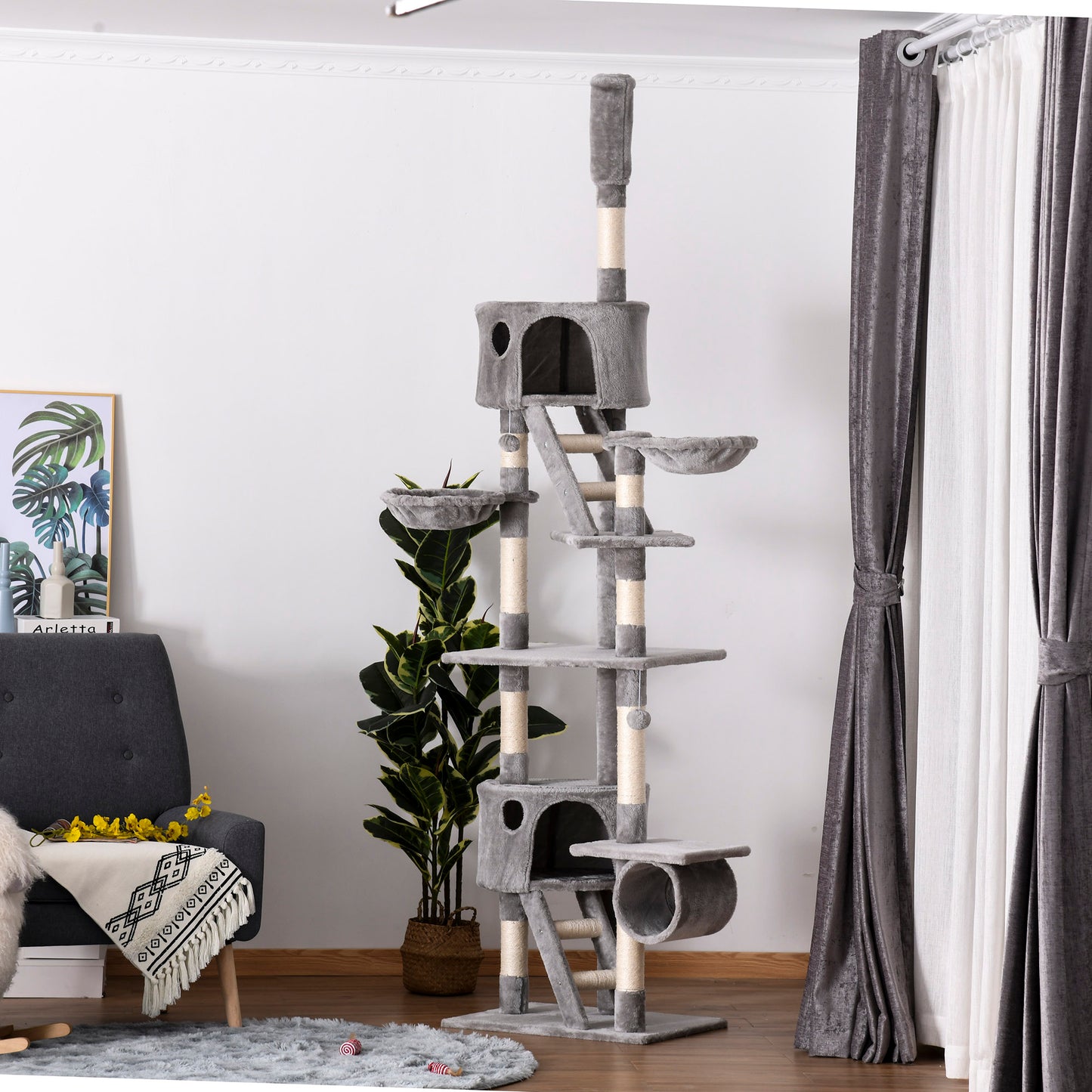 PawHut 94"-102" Huge Cat Tree Ceiling High Cat Condo Scratching Post Activity Center Multi-Level Play House Light Grey | Aosom Canada